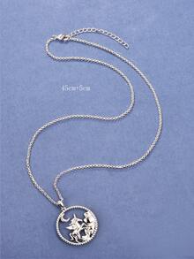 Moon Decor Round Pendant Necklace - Silver - View 2