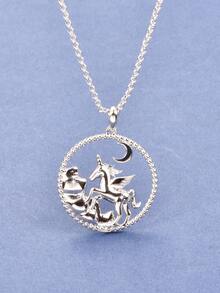 Moon Decor Round Pendant Necklace - Silver - View 3
