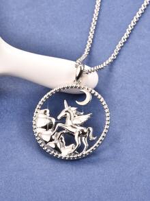 Moon Decor Round Pendant Necklace - Silver - View 4
