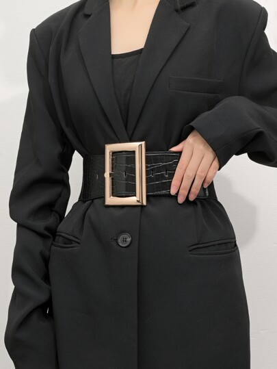 Elegant Crocodile Embossed Rectangle Buckle Belt For Coats And Dresses Halloween Summer, School Fall, Autumn, Halloween