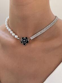 Flower & Faux Pearl Decor Necklace - Silver - View 4