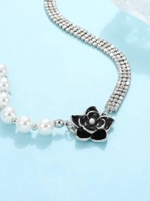 Flower & Faux Pearl Decor Necklace - Silver - View 7