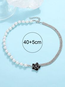 Flower & Faux Pearl Decor Necklace - Silver - View 8