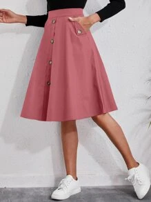 SHEIN VCAY Solid Button Detail Flare Skirt - Dusty Pink - View 5