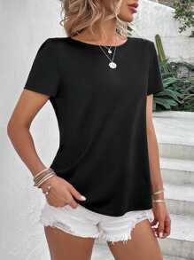 SHEIN Clasi Camiseta con cuenta de perla con diseño de cadena girante de espalda abierta - Negro - Ver 2