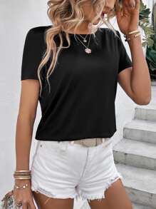 SHEIN Clasi Camiseta con cuenta de perla con diseño de cadena girante de espalda abierta - Negro - Ver 4