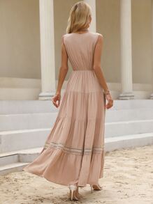 SHEIN VCAY Contrast Lace Ruffle Hem Dress Without Belt - Apricot - View 2