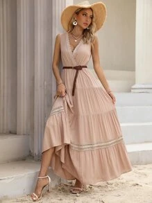 SHEIN VCAY Contrast Lace Ruffle Hem Dress Without Belt - Apricot - View 5