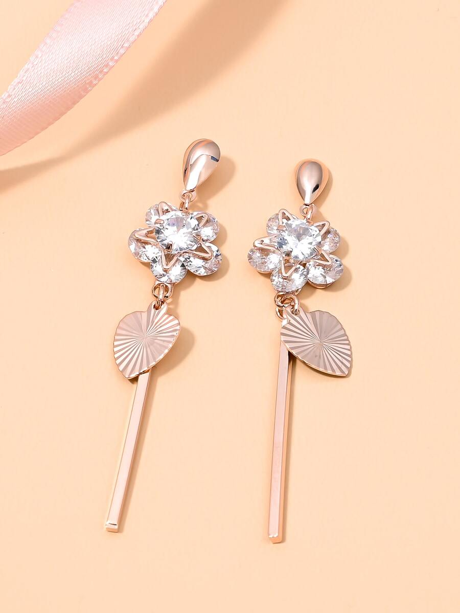 Rhinestone Flower Decor Drop Earrings - Gold - View 1