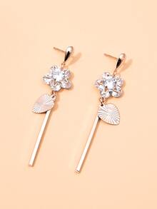 Rhinestone Flower Decor Drop Earrings - Gold - View 3