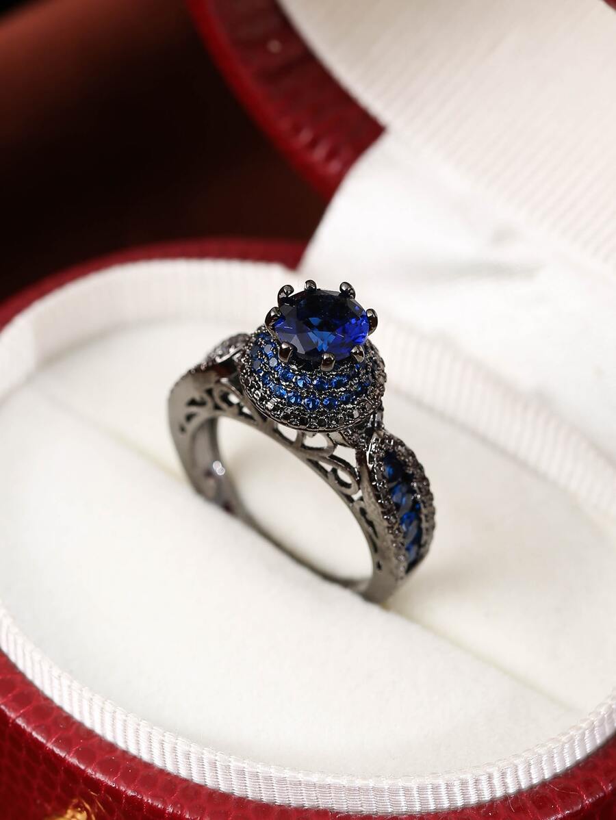 Cubic Zirconia Decor Ring - Gun Black - View 1