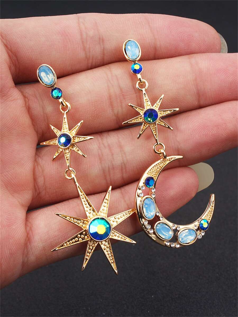 水鑽月亮和星星裝飾耳墜 - 金黃色 - 查看 1