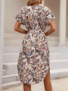 Breezaya 佩斯利印花蝙蝠袖繫腰帶洋裝