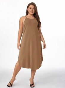 SHEIN BASICS Plus Solid Curved Hem Cami Dress - Brown - View 1