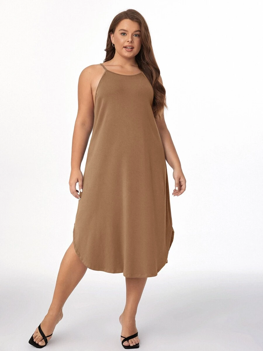 SHEIN BASICS Plus Solid Curved Hem Cami Dress - Brown - View 1