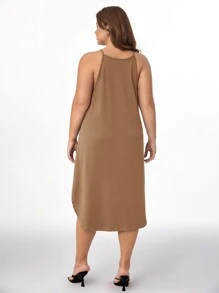 SHEIN BASICS Plus Solid Curved Hem Cami Dress - Brown - View 2
