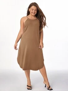 SHEIN BASICS Plus Solid Curved Hem Cami Dress - Brown - View 3