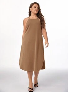 SHEIN BASICS Plus Solid Curved Hem Cami Dress - Brown - View 4