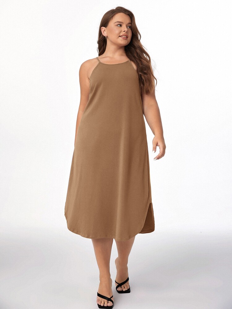 SHEIN BASICS Plus Solid Curved Hem Cami Dress - Brown - View 4