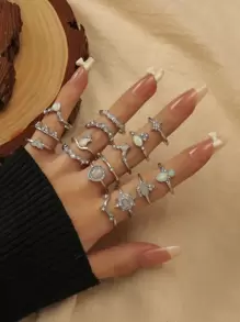 16 piezas/set Anillo con diseño de diamante de imitación - Plateado - Ver 1