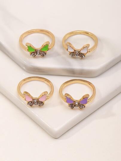 4 Parça/Set Kız Çocuk Alaşımlı Damla Yağlı Kelebek Yüzük Seti, Günlük Süsleme İçin Uygundur