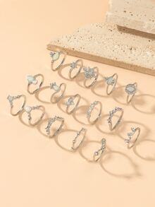 16 piezas/set Anillo con diseño de diamante de imitación - Plateado - Ver 2