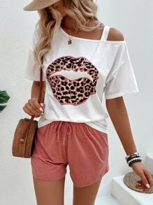 Breezaya Leopard Lip Print Asymmetrical Neck Tee & Drawstring Waist Shorts - Multicolor - View 1