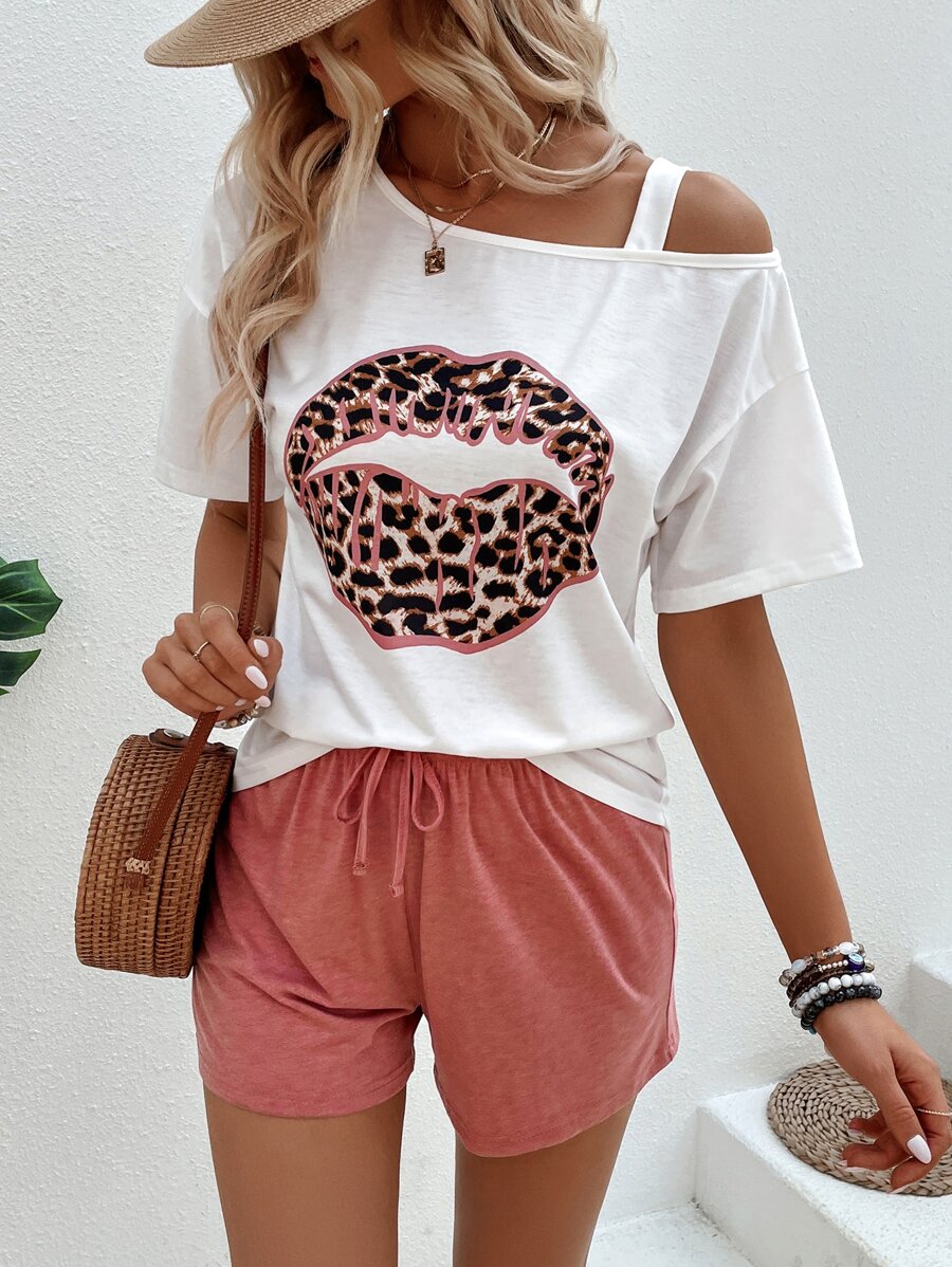 Breezaya Leopard Lip Print Asymmetrical Neck Tee & Drawstring Waist Shorts - Multicolor - View 1