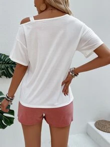 Breezaya Leopard Lip Print Asymmetrical Neck Tee & Drawstring Waist Shorts - Multicolor - View 2