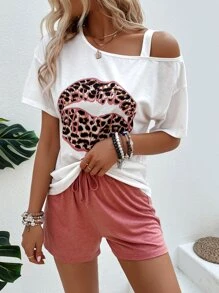 Breezaya Leopard Lip Print Asymmetrical Neck Tee & Drawstring Waist Shorts - Multicolor - View 4