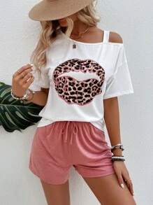 Breezaya Leopard Lip Print Asymmetrical Neck Tee & Drawstring Waist Shorts - Multicolor - View 6