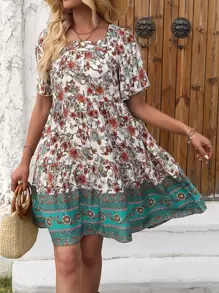 Breezaya Floral Print Ruffle Hem Smock Dress - Multicolor - View 1