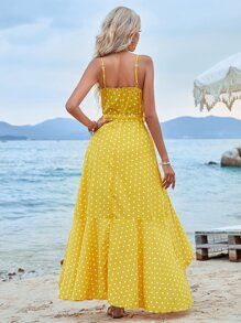SHEIN VCAY Polka Dot Print Belted Ruffle Hem Cami Dress - Yellow - View 2