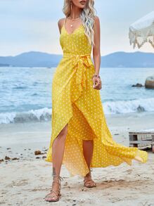 SHEIN VCAY Polka Dot Print Belted Ruffle Hem Cami Dress - Yellow - View 4
