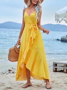 SHEIN VCAY Polka Dot Print Belted Ruffle Hem Cami Dress - Yellow - View 5