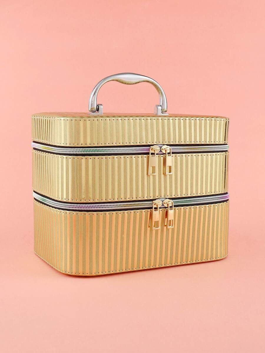 1 pieza Bolso de maquillaje dorado rayas portátil de gran capacidad multicapas almacenamiento - Dorado - Ver 1