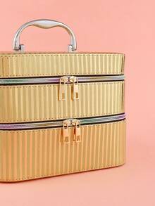 1 pieza Bolso de maquillaje dorado rayas portátil de gran capacidad multicapas almacenamiento - Dorado - Ver 4