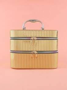 1 pieza Bolso de maquillaje dorado rayas portátil de gran capacidad multicapas almacenamiento - Dorado - Ver 5