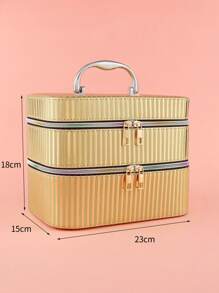 1 pieza Bolso de maquillaje dorado rayas portátil de gran capacidad multicapas almacenamiento - Dorado - Ver 6