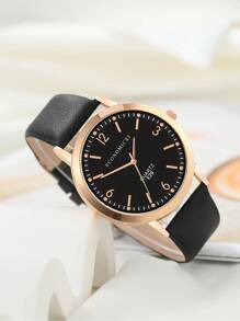 ECONOMICXI 1入組黑色PU聚氨酯帶時尚圓形錶盤石英表和4入組手環,日常裝飾 - 黑色 - 查看 3