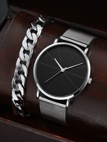 1قطعة ساعة كوارتز رجالية بشريط شبكي فضي بلون دائري أنيق، و1قطعة سوار سلسلة بسيط، تزيين يومي كهدية للطلاب العودة إلى المدرسة