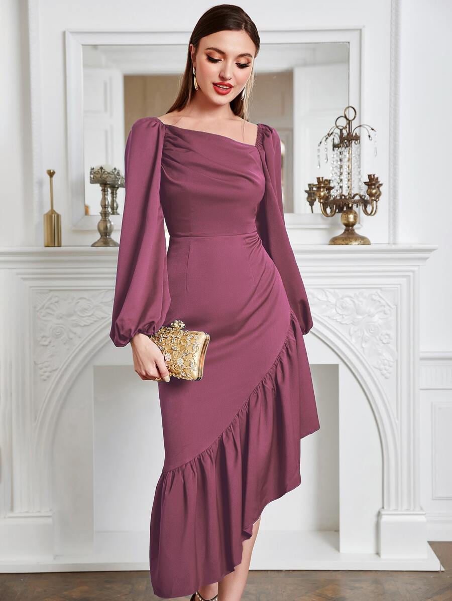 Modelyn Asymmetrical Neck Lantern Sleeve Ruched Ruffle Hem Dress - Dusty Pink - View 1