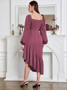 Modelyn Asymmetrical Neck Lantern Sleeve Ruched Ruffle Hem Dress - Dusty Pink - View 2