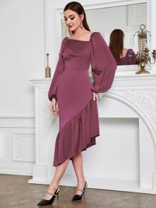 Modelyn Asymmetrical Neck Lantern Sleeve Ruched Ruffle Hem Dress - Dusty Pink - View 3