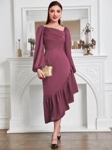 Modelyn Asymmetrical Neck Lantern Sleeve Ruched Ruffle Hem Dress - Dusty Pink - View 4