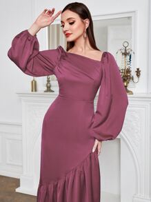 Modelyn Asymmetrical Neck Lantern Sleeve Ruched Ruffle Hem Dress - Dusty Pink - View 5