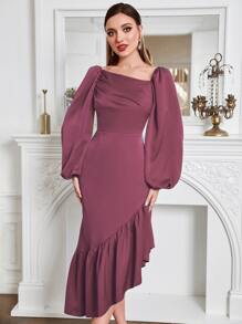 Modelyn Asymmetrical Neck Lantern Sleeve Ruched Ruffle Hem Dress - Dusty Pink - View 6