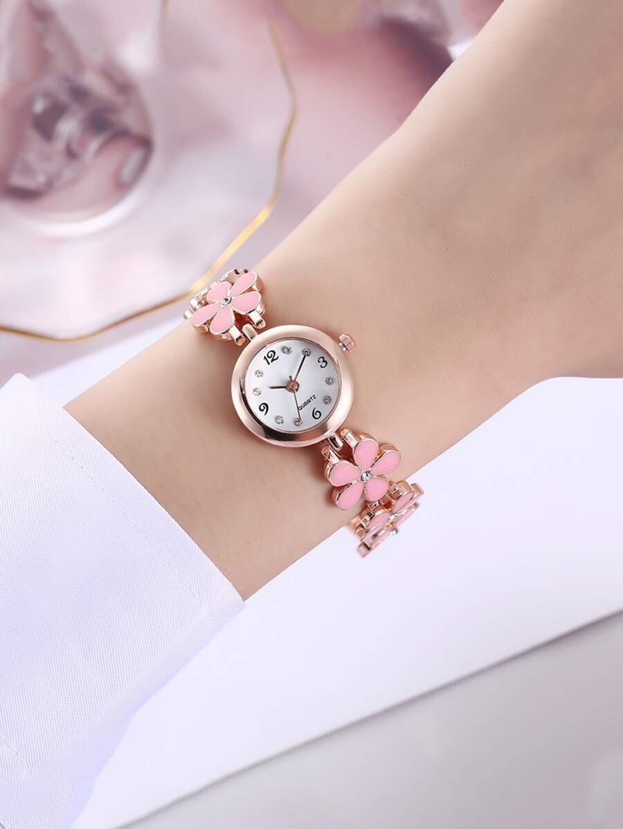 女孩花朵裝飾圓形指針石英手錶