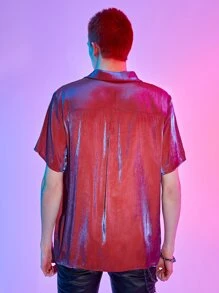 ROMWE MEN Street Life Guys Holographic Button Up Shirt - Red - View 2