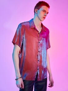 ROMWE MEN Street Life Guys Holographic Button Up Shirt - Red - View 5